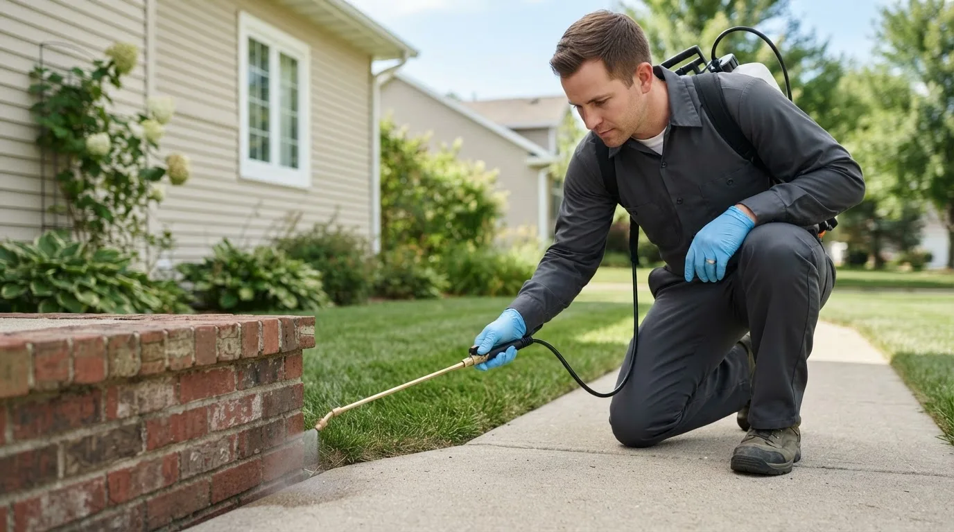 Pest control technician treating a home near Wing, ND