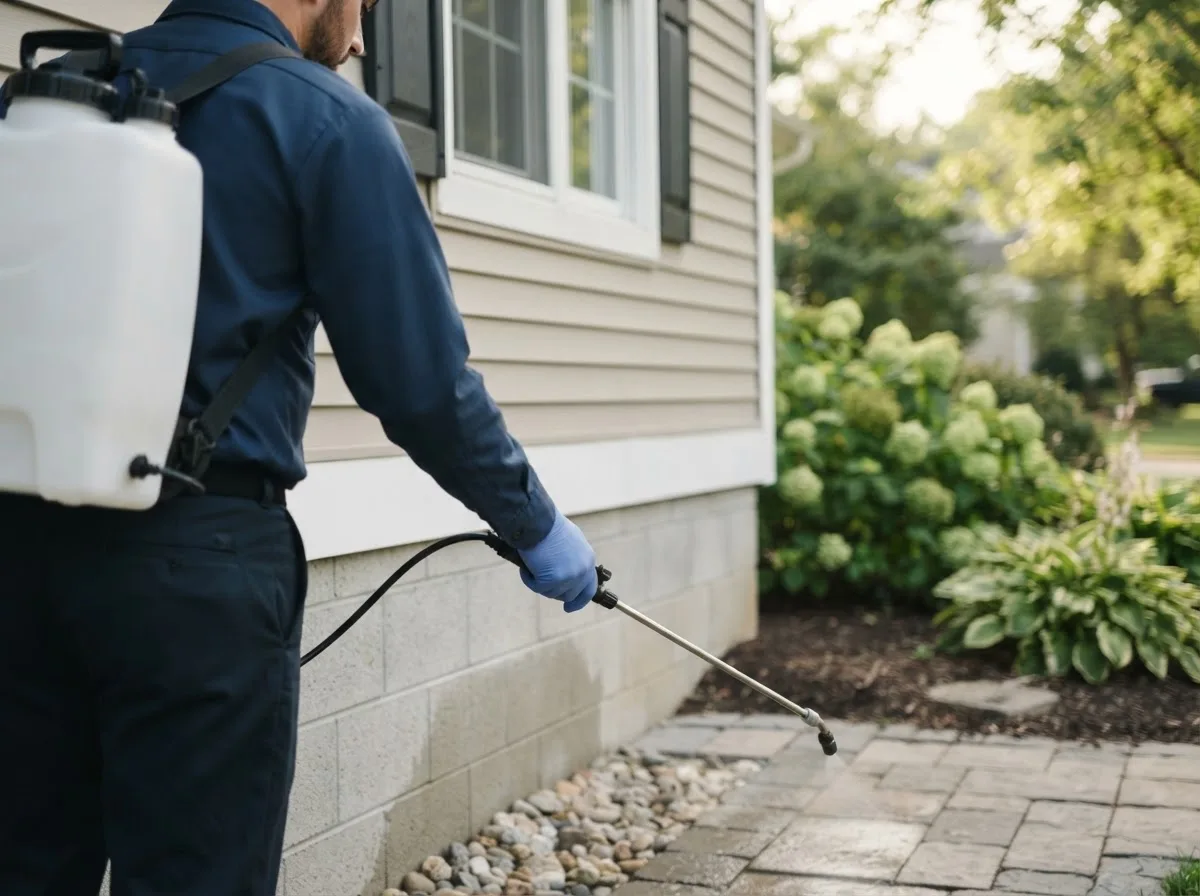 Pest control technician inspecting a home in Wing, ND
